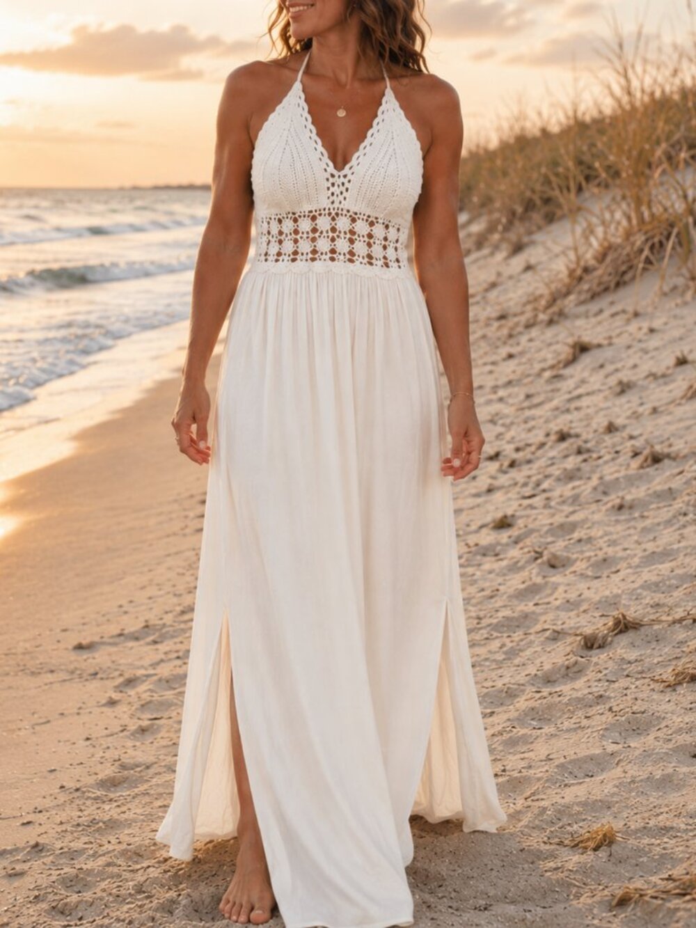 White Crochet Open Back Halter Maxi Dress L NWT Boho Resort Vacation Beach